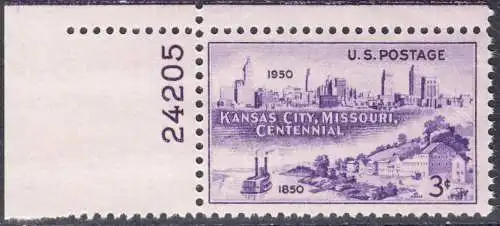 USA Michel 0612 / Scott 0994 postfrisch EINZELMARKE ECKRAND oben links (Platten-# 24205) - 100 Jahre Stadt Kansas City, MO: Westport-Landung (1850), Stadtsilhouette (1950) 