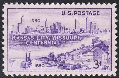 USA Michel 0612 / Scott 0994 postfrisch EINZELMARKE (a2) - 100 Jahre Stadt Kansas City, MO: Westport-Landung (1850), Stadtsilhouette (1950) 