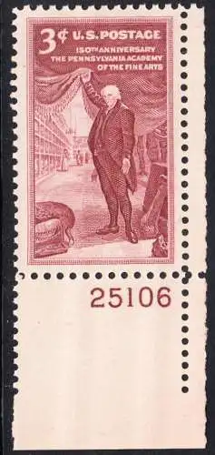 USA Michel 0684 / Scott 1064 postfrisch EINZELMARKE ECKRAND unten rechts m/Platten-# 25106 (a2) - 150 Jahre Kunstakademie in Philadelphia; Charles Willson Peale, Maler