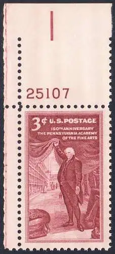 USA Michel 0684 / Scott 1064 postfrisch EINZELMARKE ECKRAND oben links m/Platten-# 25107- 150 Jahre Kunstakademie in Philadelphia; Charles Willson Peale, Maler