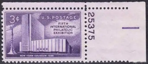 USA Michel 0698 / Scott 1076 postfrisch EINZELMARKE ECKRAND oben rechts m/Platten-# 25375 (a2) - 5. Internationale Briefmarkenausstellung FIPEX, New York, Kolumbus-Denkmal 