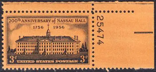 USA Michel 0705 / Scott 1083 postfrisch EINZELMARKE ECKRAND oben rechts m/Platten-# 25474 - 200 Jahre Nassau Hall, Princeton-Universität, Princeton, NJ 
