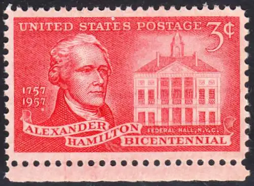 USA Michel 0708 / Scott 1086 postfrisch EINZELMARKE RAND unten - 200. Geburtstag von Alexander Hamilton, Politiker; Federal Hall, New York