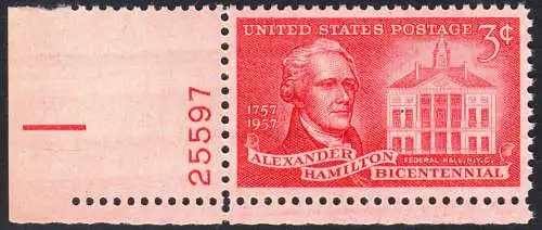 USA Michel 0708 / Scott 1086 postfrisch EINZELMARKE ECKRAND unten links m/Platten-# 25597 - 200. Geburtstag von Alexander Hamilton, Politiker; Federal Hall, New York