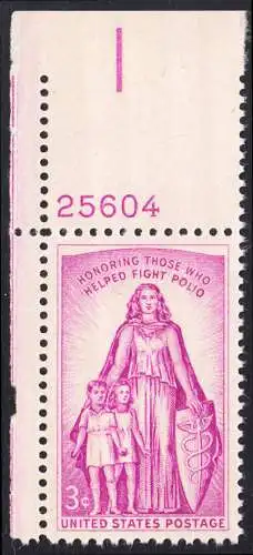 USA Michel 0709 / Scott 1087 postfrisch EINZELMARKE ECKRAND oben links m/Platten-# 25604 (a2) - Kampf gegen die Kinderlähmung; Symbol des Kinderschutzes