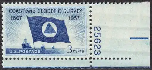 USA Michel 0710 / Scott 1088 postfrisch EINZELMARKE ECKRAND unten rechts m/Platten-# 25623 - 150 Jahre Küsten- und Landvermessung; Flagge und Schiffe des Küstenvermessungsdienstes 