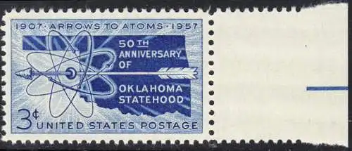 USA Michel 0714 / Scott 1092 postfrisch EINZELMARKE RAND rechts (a2) - 50 Jahre Staat Oklahoma: Landkarte von Oklahoma, Atomsymbol mit Pfeil
