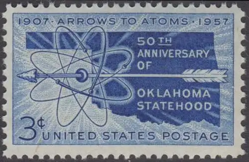 USA Michel 0714 / Scott 1092 postfrisch EINZELMARKE (a1) - 50 Jahre Staat Oklahoma: Landkarte von Oklahoma, Atomsymbol mit Pfeil