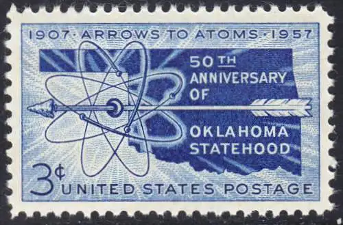 USA Michel 0714 / Scott 1092 postfrisch EINZELMARKE (a2) - 50 Jahre Staat Oklahoma: Landkarte von Oklahoma, Atomsymbol mit Pfeil