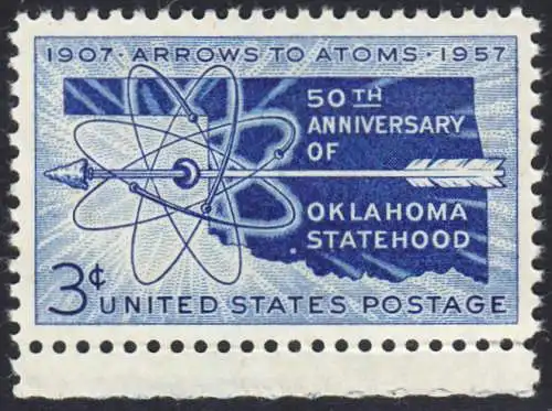 USA Michel 0714 / Scott 1092 postfrisch EINZELMARKE RAND unten - 50 Jahre Staat Oklahoma: Landkarte von Oklahoma, Atomsymbol mit Pfeil