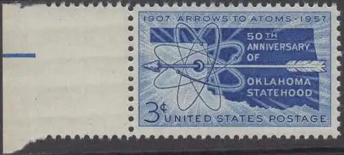 USA Michel 0714 / Scott 1092 postfrisch EINZELMARKE RAND links - 50 Jahre Staat Oklahoma: Landkarte von Oklahoma, Atomsymbol mit Pfeil
