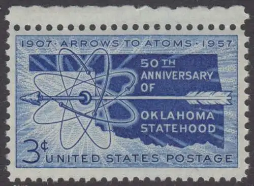 USA Michel 0714 / Scott 1092 postfrisch EINZELMARKE RAND oben - 50 Jahre Staat Oklahoma: Landkarte von Oklahoma, Atomsymbol mit Pfeil