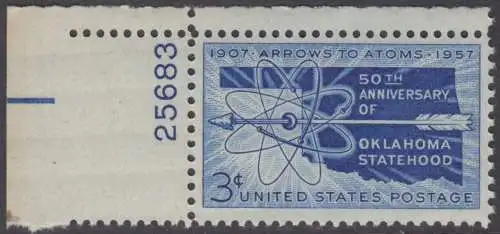 USA Michel 0714 / Scott 1092 postfrisch EINZELMARKE ECKRAND oben links m/ Platten-# 25683 - 50 Jahre Staat Oklahoma: Landkarte von Oklahoma, Atomsymbol mit Pfeil