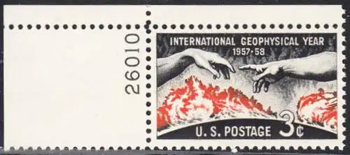 USA Michel 0727 / Scott 1107 postfrisch EINZELMARKE ECKRAND oben links mit Plate-# 26010 - Internationales Geophysikalisches Jahr 1957/1958