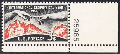 USA Michel 0727 / Scott 1107 postfrisch EINZELMARKE ECKRAND unten rechts mit Plate-# 25985 - Internationales Geophysikalisches Jahr 1957/1958