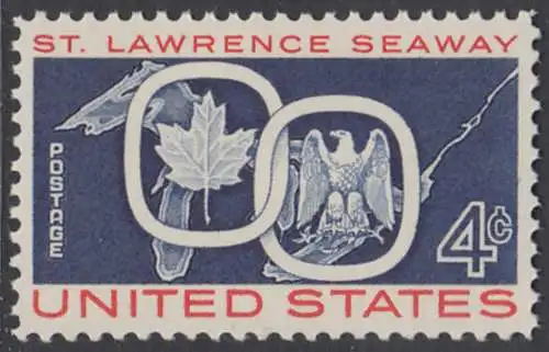 USA Michel 0754 / Scott 1131 postfrisch EINZELMARKE (a2) - Eröffnung des St.-Lorenz-Seeweges; Ahornblatt und amerikanischer Wappenadler über der Landkarte der Großen Seen