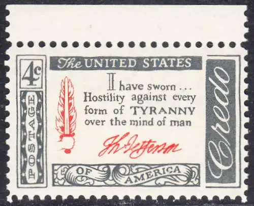 USA Michel 0768 / Scott 1141 postfrisch EINZELMARKE Rand oben (a2) - Amerikanisches Credo mit Aussprüchen berühmter Amerikaner (Thomas Jefferson)