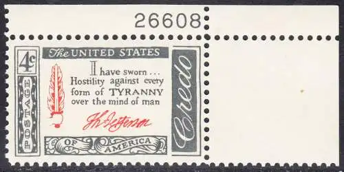 USA Michel 0768 / Scott 1141 postfrisch EINZELMARKE ECKRAND oben rehts m/Platten-# 26608 - Amerikanisches Credo mit Aussprüchen berühmter Amerikaner (Thomas Jefferson)