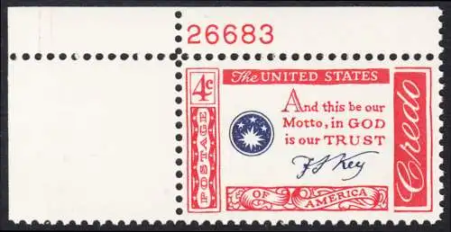 USA Michel 0769 / Scott 1142 postfrisch EINZELMARKE ECKRAND oben links m/Platten-# 26683 - Amerikanisches Credo mit Aussprüchen berühmter Amerikaner (Francis Scott Key)