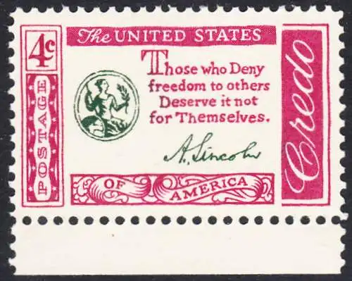 USA Michel 0770 / Scott 1143 postfrisch EINZELMARKE RAND unten - Amerikanisches Credo mit Aussprüchen berühmter Amerikaner (Abraham Lincoln)