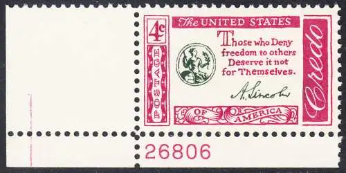 USA Michel 0770 / Scott 1143 postfrisch EINZELMARKE ECKRAND unten links m/Platten-# 26806 - Amerikanisches Credo mit Aussprüchen berühmter Amerikaner (Abraham Lincoln)