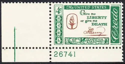 USA Michel 0771 / Scott 1144 postfrisch EINZELMARKE ECKRAND unten links m/Platten-# 26741 - Amerikanisches Credo mit Aussprüchen berühmter Amerikaner (Patrick Henry)