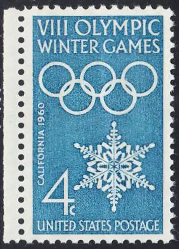 USA Michel 0773 / Scott 1146 postfrisch EINZELMARKE RAND links (a2) - Olympische Winterspiele, Squaw Valley, CA; Olympische Ringe, Schneekristall