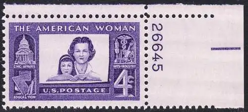 USA Michel 0780 / Scott 1152 postfrisch EINZELMARKE ECKRAND oben rechts m/Platten-# 26645 - Verdienste der amerikanischen Frau: Mutter mit Tochter