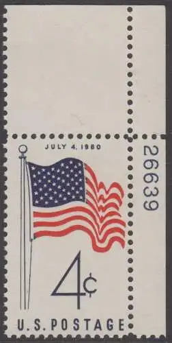 USA Michel 0783 / Scott 1153 postfrisch EINZELMARKE ECKRAND oben rechts m/Platten-# 266439- Amerikanische Flagge von 1960 (50 Sterne für 50 Staaten)