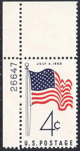 USA Michel 0783 / Scott 1153 postfrisch EINZELMARKE ECKRAND oben links m/Platten-# 266487- Amerikanische Flagge von 1960 (50 Sterne für 50 Staaten)