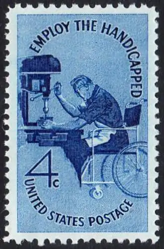 USA Michel 0785 / Scott 1155 postfrisch EINZELMARKE (a4) - Beschäftigung für Körperbehinderte, Weltkongress der internationalen Vereinigung „Hilfe für Körperbehinderte“ in New York: Körperbehinderter im Rollstuhl an der Bohrmaschine
