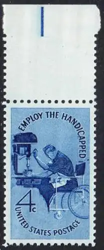 USA Michel 0785 / Scott 1155 postfrisch EINZELMARKE RAND oben - Beschäftigung für Körperbehinderte, Weltkongress der internationalen Vereinigung „Hilfe für Körperbehinderte“ in New York: Körperbehinderter im Rollstuhl an der Bohrmaschine