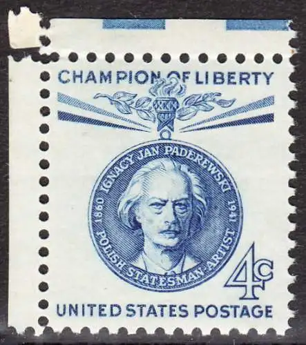USA Michel 0789 / Scott 1159 postfrisch EINZELMARKE RÄNDER links & oben - Freiheitskämpfer: Ignacy Jan Paderewski: poln. Politiker, Pianist und Komponist 