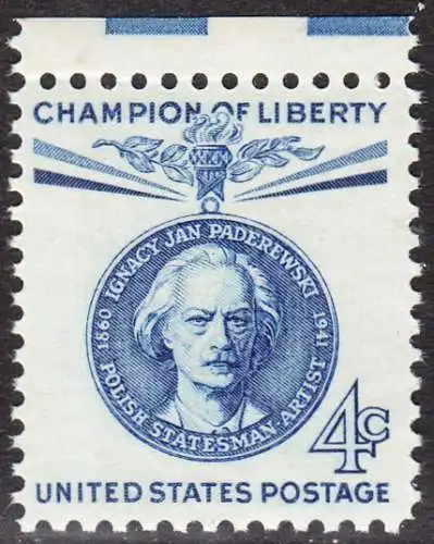 USA Michel 0789 / Scott 1159 postfrisch EINZELMARKE RAND oben (a3) - Freiheitskämpfer: Ignacy Jan Paderewski: poln. Politiker, Pianist und Komponist 