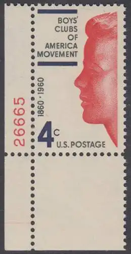 USA Michel 0793 / Scott 1163 (Gummierung beeinträchtigt) EINZELMARKE ECKRAND unten links m/Platten-# 26665 - 100 Jahre Betreuungseinrichtungen für Jungen
