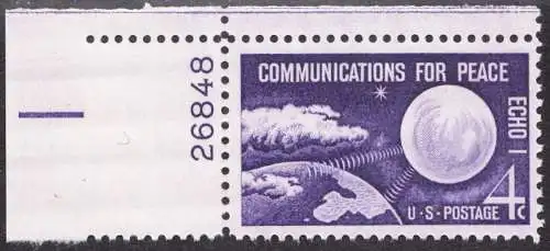 USA Michel 0803 / Scott 1173 postfrisch EINZELMARKE ECKRAND oben links m/Platten-# 26848 - Echo I - Nachrichtenverbindungen für den Frieden