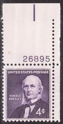 USA Michel 0807 / Scott 1177 postfrisch EINZELMARKE ECKRAND oben rechts m/Platten-# 26895- 150. Geburtstag von Horace Greeley, Verleger und Publizist