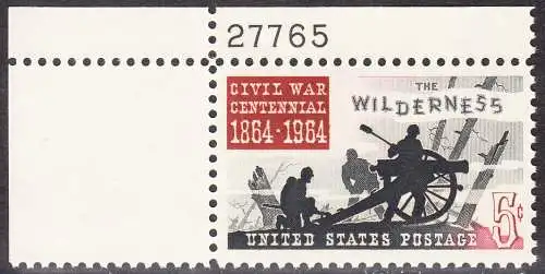 USA Michel 0859 / Scott 1181 postfrisch EINZELMARKE ECKRAND oben links m/ Platten-# 27765 - Schlacht in der Wildnis; Drei Kanoniere am Geschütz, Baumstümpfe