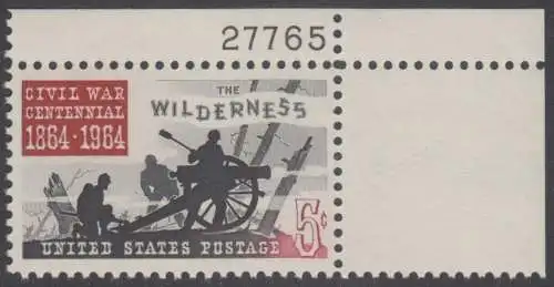 USA Michel 0859 / Scott 1181 postfrisch EINZELMARKE ECKRAND oben rechts m/ Platten-# 27765 - Schlacht in der Wildnis; Drei Kanoniere am Geschütz, Baumstümpfe