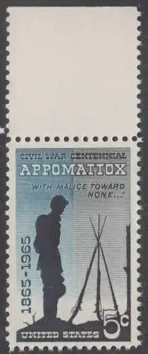 USA Michel 0879 / Scott 1182 postfrisch EINZELMARKE RAND oben (a2) - 100. Jahrestag des Bürgerkriegs: Schlacht bei Appomattox; Soldat neben zusammengestellten Gewehren