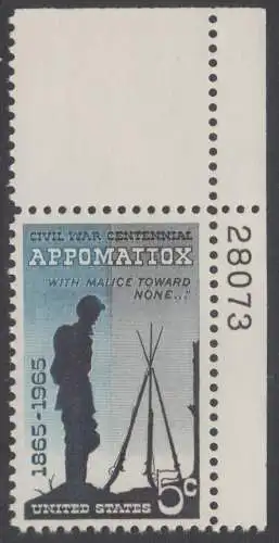USA Michel 0879 / Scott 1182 postfrisch EINZELMARKE ECKRAND oben rechts m/ Platten-# 28073  - 100. Jahrestag des Bürgerkriegs: Schlacht bei Appomattox; Soldat neben zusammengestellten Gewehren