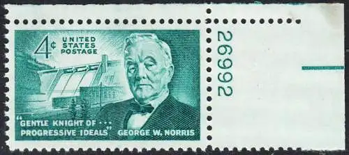 USA Michel 0810 / Scott 1184 postfrisch EINZELMARKE ECKRAND oben rechts m/Platten-# 26992 - 100. Geburtstag von George Norris; Senator; Norrisdamm, TN