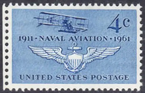 USA Michel 0811 / Scott 1185 postfrisch EINZELMARKE RAND links (a2) - 50. Jahre Marineflieger, Doppeldecker Curtiss A-1 von 1911, Pilotenabzeichen