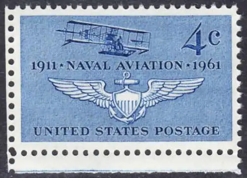 USA Michel 0811 / Scott 1185 postfrisch EINZELMARKE RÄNDER links & unten - 50. Jahre Marineflieger, Doppeldecker Curtiss A-1 von 1911, Pilotenabzeichen