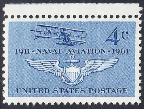 USA Michel 0811 / Scott 1185 postfrisch EINZELMARKE RAND oben (a2) - 50. Jahre Marineflieger, Doppeldecker Curtiss A-1 von 1911, Pilotenabzeichen
