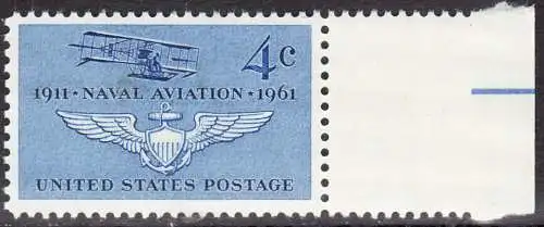 USA Michel 0811 / Scott 1185 postfrisch EINZELMARKE RAND rechts - 50. Jahre Marineflieger, Doppeldecker Curtiss A-1 von 1911, Pilotenabzeichen
