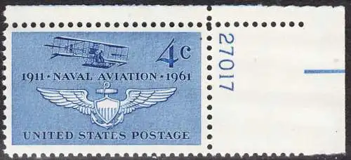 USA Michel 0811 / Scott 1185 postfrisch EINZELMARKE ECKRAND oben rechts m/Platten-# 27017 - 50. Jahre Marineflieger, Doppeldecker Curtiss A-1 von 1911, Pilotenabzeichen