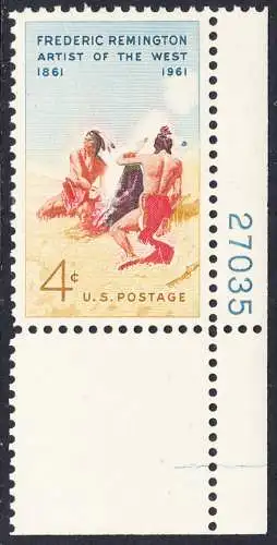 USA Michel 0813 / Scott 1187 postfrisch EINZELMARKE ECKRAND unten rechts m/Platten-# 27035 - 100. Geburtstag von Frederic Remington, Maler und Bildhauer