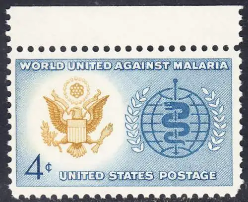 USA Michel 0823 / Scott 1194 postfrisch EINZELMARKE RAND obem - Kampf gegen die Malaria; Großes Siegel der USA, WHO-Emblem