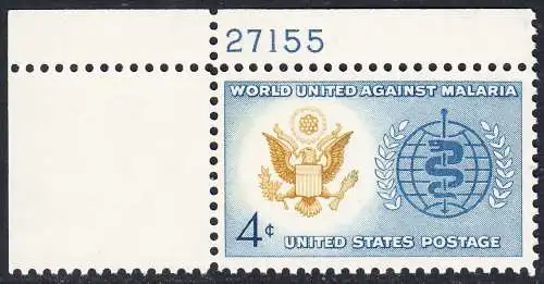 USA Michel 0823 / Scott 1194 postfrisch EINZELMARKE ECKRAND oben links m/Platten-# 27155 - Kampf gegen die Malaria; Großes Siegel der USA, WHO-Emblem